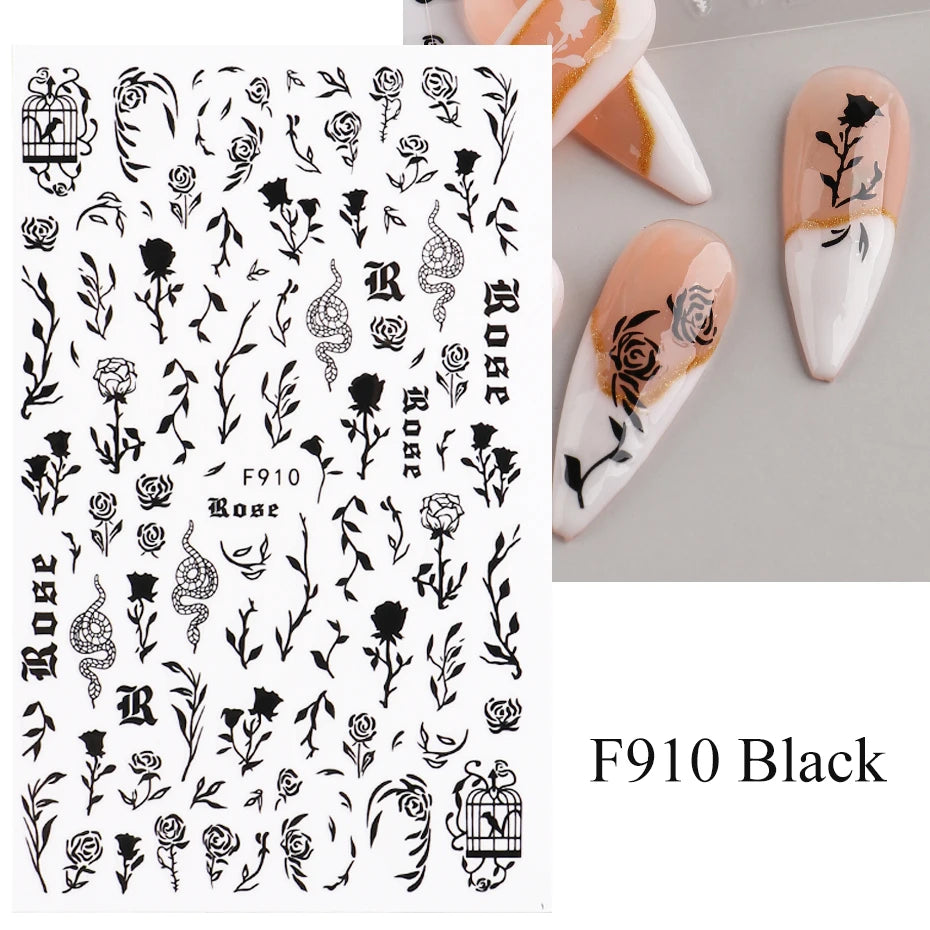 1PCS New 3D Devil's Eye Snake Nail Stickers Nail Art Decoration Black White Flowers Leaves Sticker Nail Art Decals Nail Parts