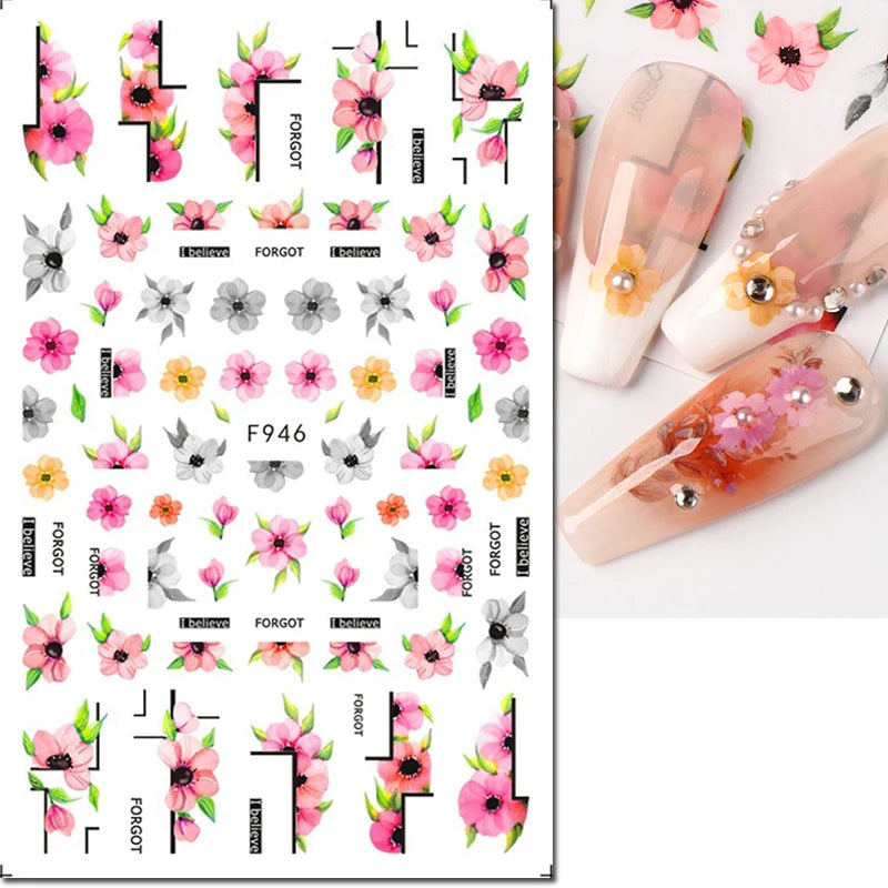 3D Nagelsticker Weißer Pflaumenblüten mit Goldperlen & Schmetterlingen 2.