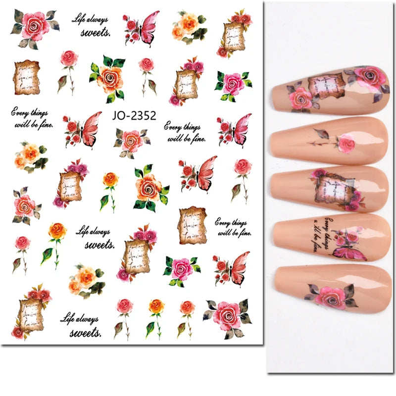 3D Nagelsticker Weißer Pflaumenblüten mit Goldperlen & Schmetterlingen
