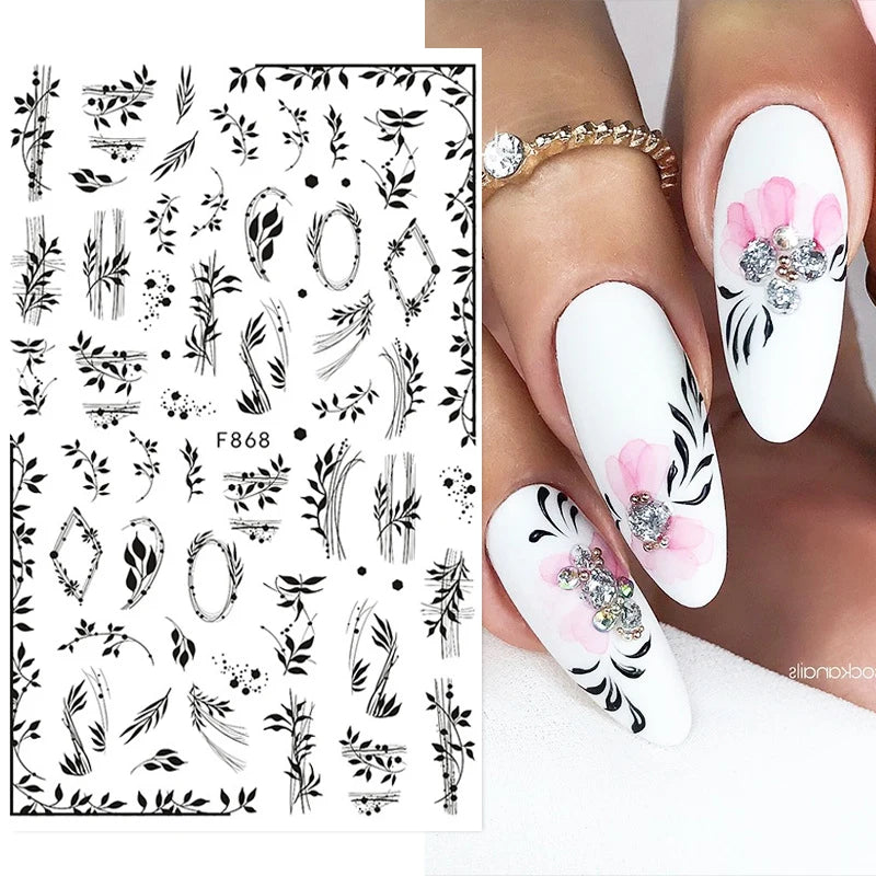 1PCS New 3D Devil's Eye Snake Nail Stickers Nail Art Decoration Black White Flowers Leaves Sticker Nail Art Decals Nail Parts