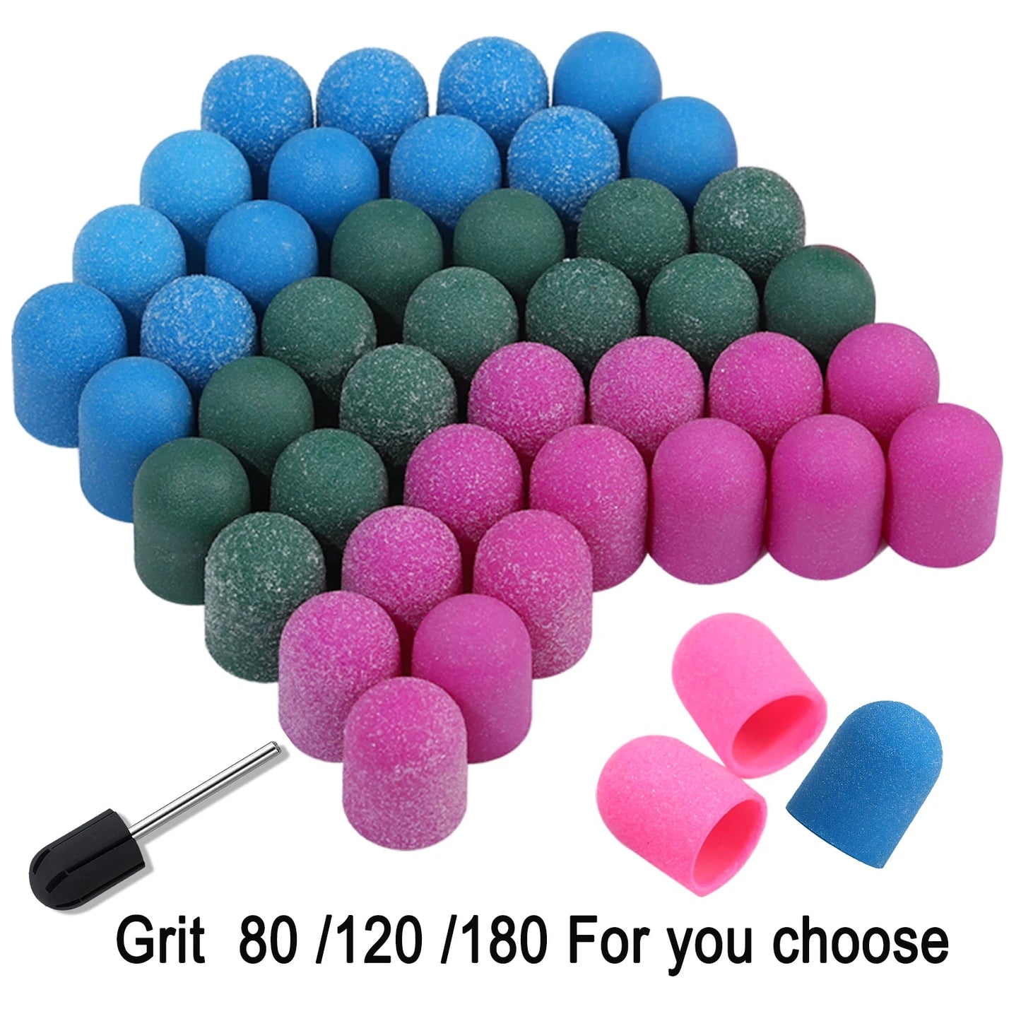 Schleifkappen 5/10/20 Stück – Verschiedene Farben & Grits (80/120/180) + Gummikopf für Nagelfräser