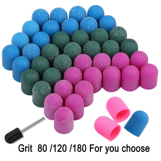 Schleifkappen 5/10/20 Stück – Verschiedene Farben & Grits (80/120/180) + Gummikopf für Nagelfräser