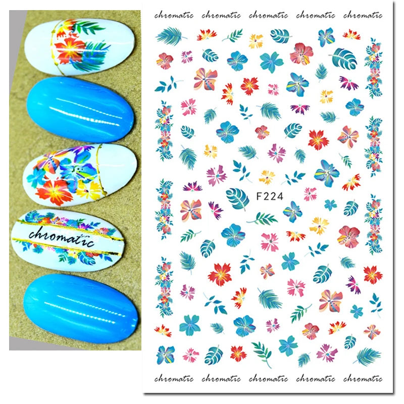 3D Nail Sticker – Tropische Blätter & Linien Design Schwarz & Weiß