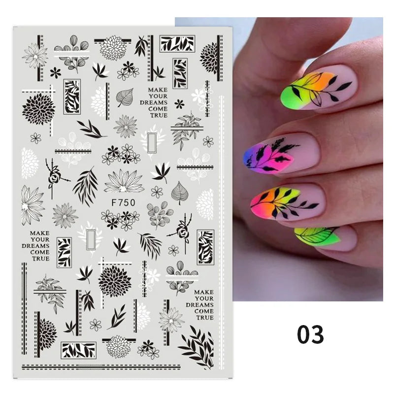 1PCS New 3D Devil's Eye Snake Nail Stickers Nail Art Decoration Black White Flowers Leaves Sticker Nail Art Decals Nail Parts