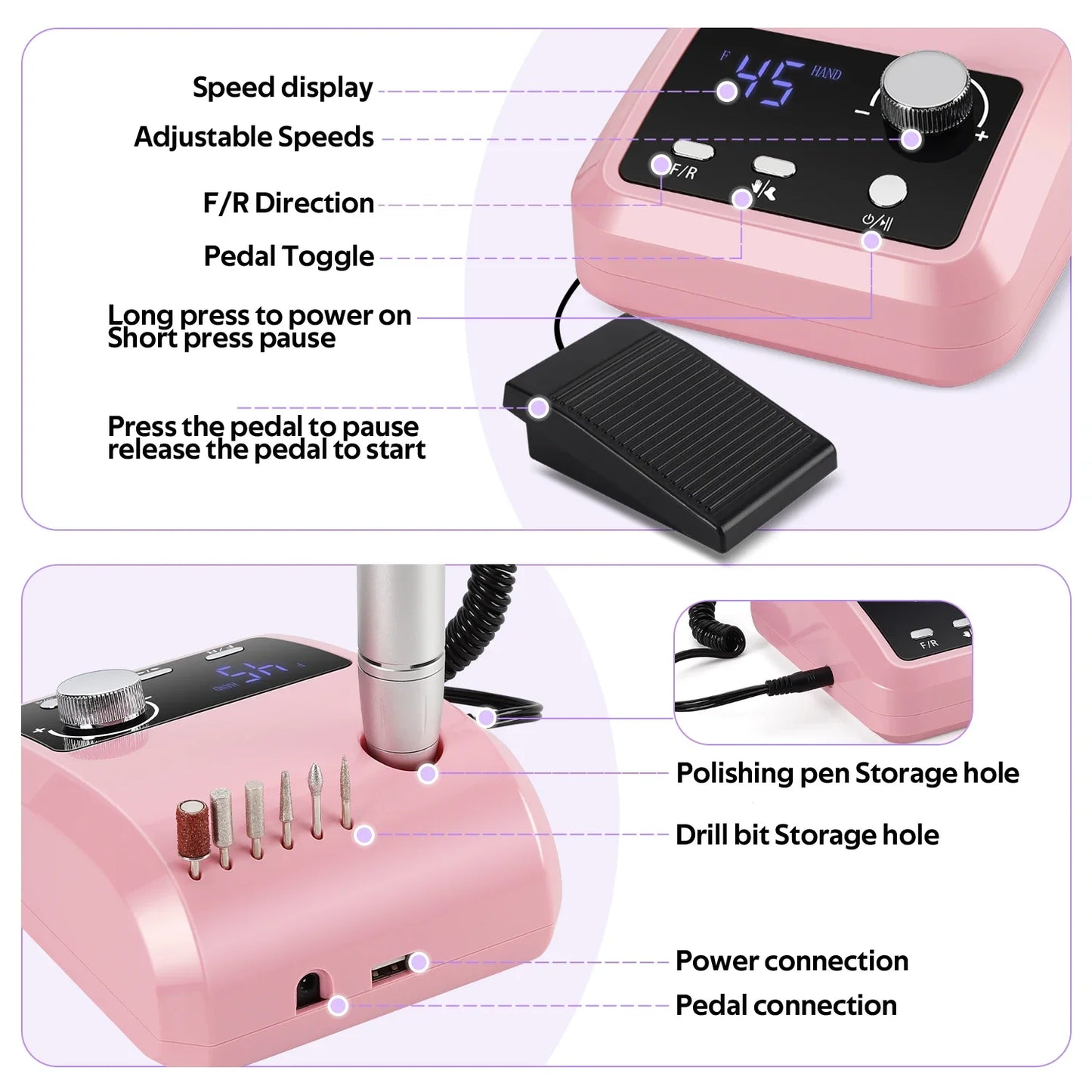 Profi Nagelfräse 45000 U/min – 30 W, LCD-Display & Aufsätze für Maniküre