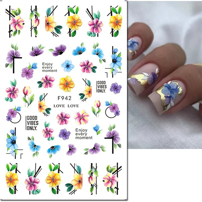 3D Nagelsticker Weißer Pflaumenblüten mit Goldperlen & Schmetterlingen