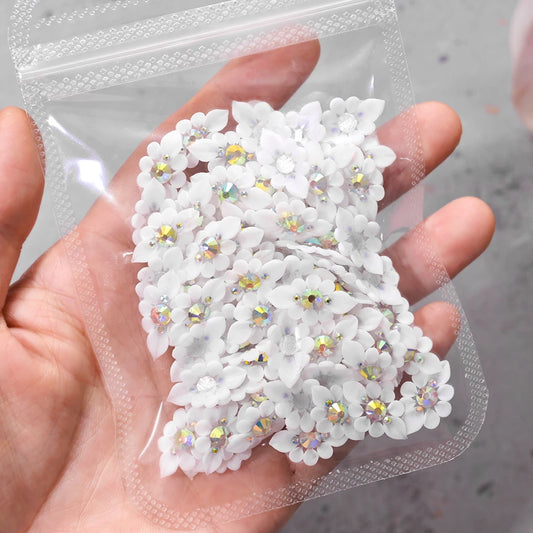 3D Acryl-Blumen Weiß – Nail Art Deko Set (10/12 Stück) mit Strass