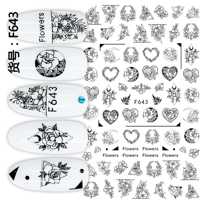 3D Nail Sticker – Tropische Blätter & Linien Design Schwarz & Weiß