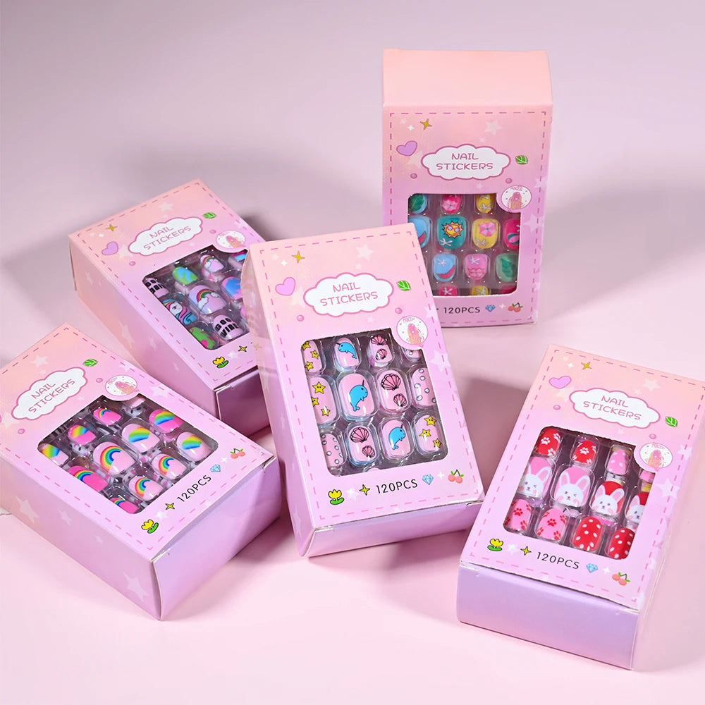 Kinder Press-On Nägel – 120 Stück Pink | Einhorn, Katze, Hase & Cartoon-Design