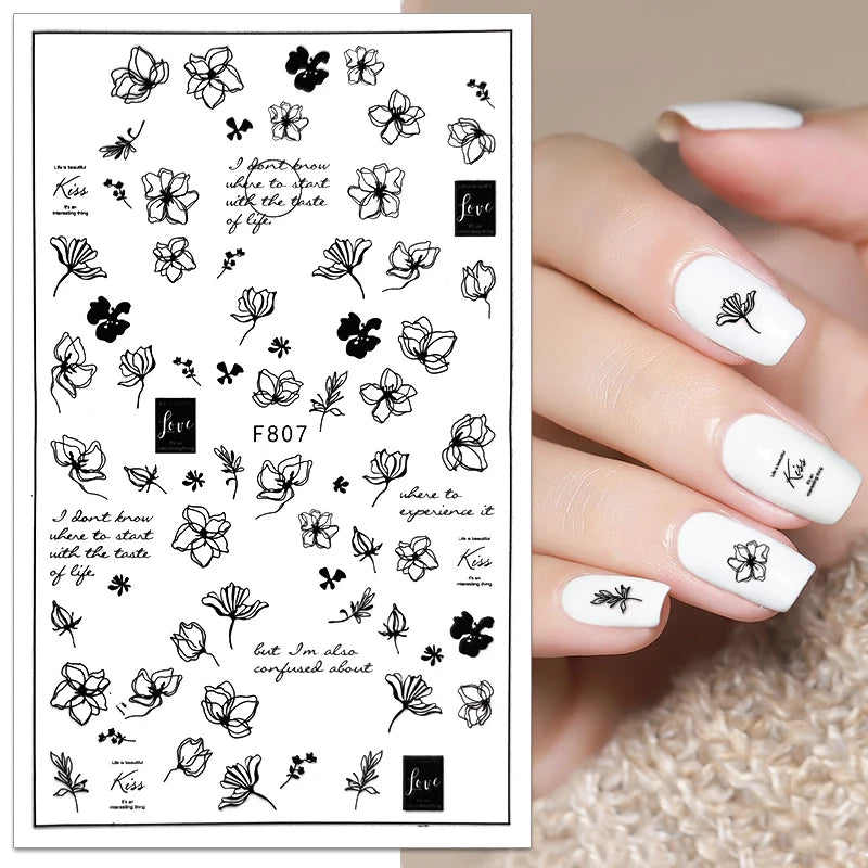 1PCS New 3D Devil's Eye Snake Nail Stickers Nail Art Decoration Black White Flowers Leaves Sticker Nail Art Decals Nail Parts