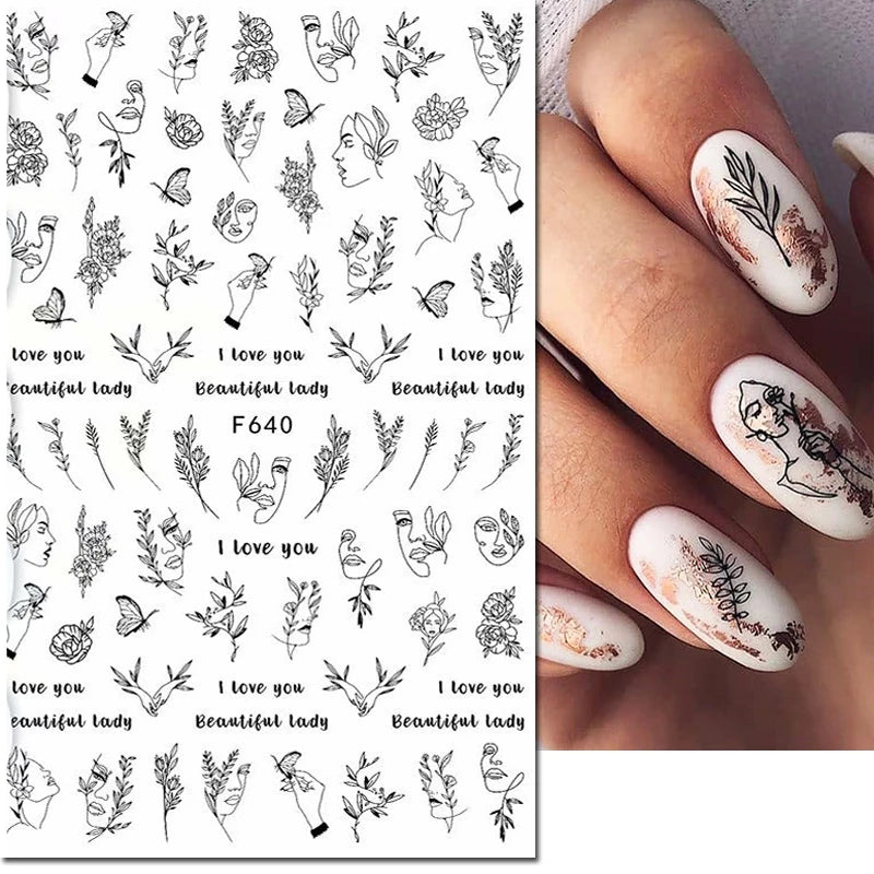 3D Nail Sticker – Tropische Blätter & Linien Design Schwarz & Weiß