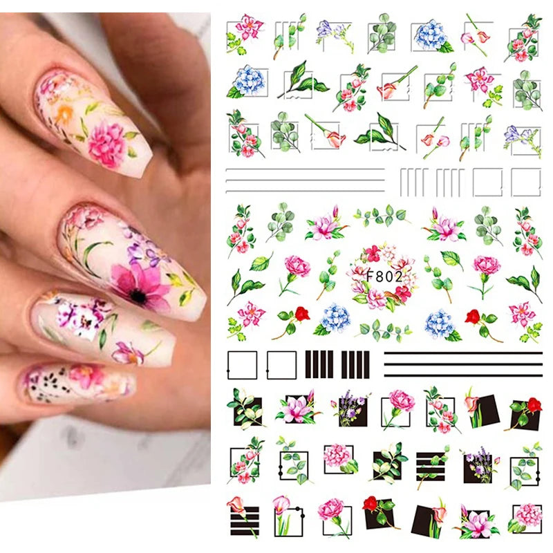 3D Nail Sticker – Tropische Blätter & Linien Design Schwarz & Weiß