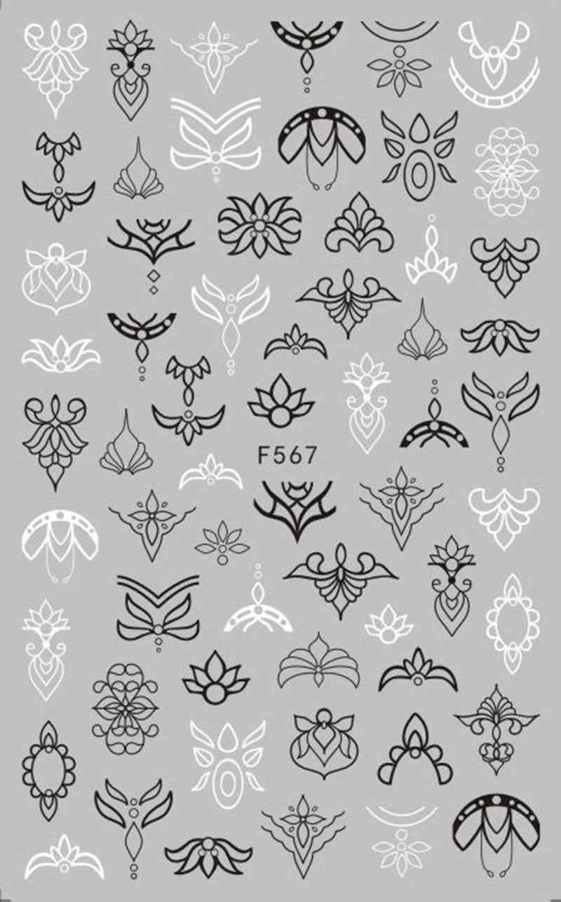 3D Nail Sticker – Tropische Blätter & Linien Design Schwarz & Weiß