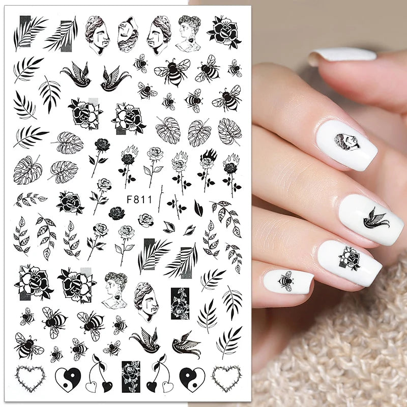 1PCS New 3D Devil's Eye Snake Nail Stickers Nail Art Decoration Black White Flowers Leaves Sticker Nail Art Decals Nail Parts