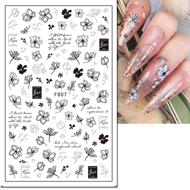 3D Nail Sticker – Tropische Blätter & Linien Design Schwarz & Weiß