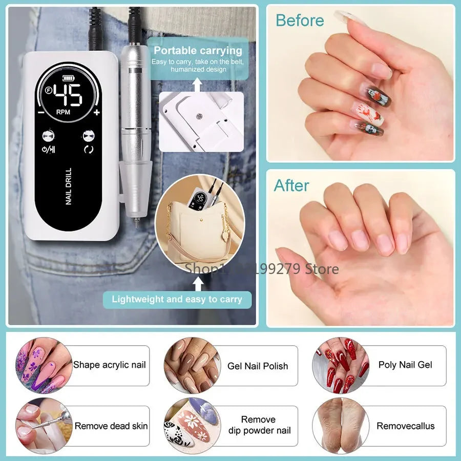 NEW Professional 45000RPM Electric Portable Nail Drill Machine Rechargeable Low Noise Nail Sander File for Manicure Salon Tool