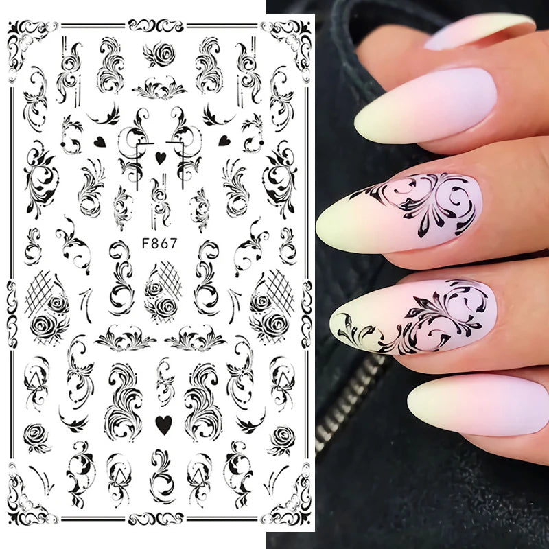 1PCS New 3D Devil's Eye Snake Nail Stickers Nail Art Decoration Black White Flowers Leaves Sticker Nail Art Decals Nail Parts
