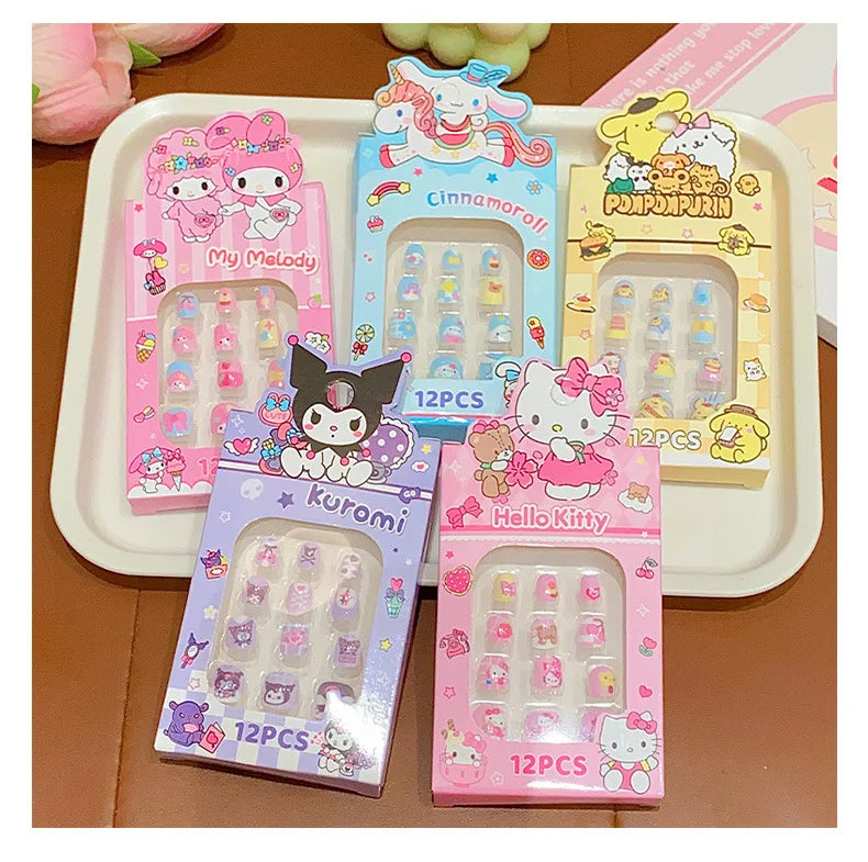 Sanrio Kinder Press-On Nägel – 12 Stück, Hello Kitty, Kuromi, Cartoon Design