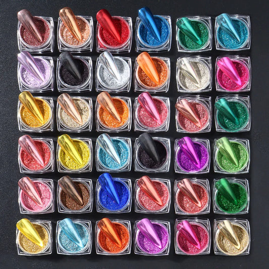 36er-Set Chrome-Pigmente – Superhelle Metallic Mirror Powder für Nailart
