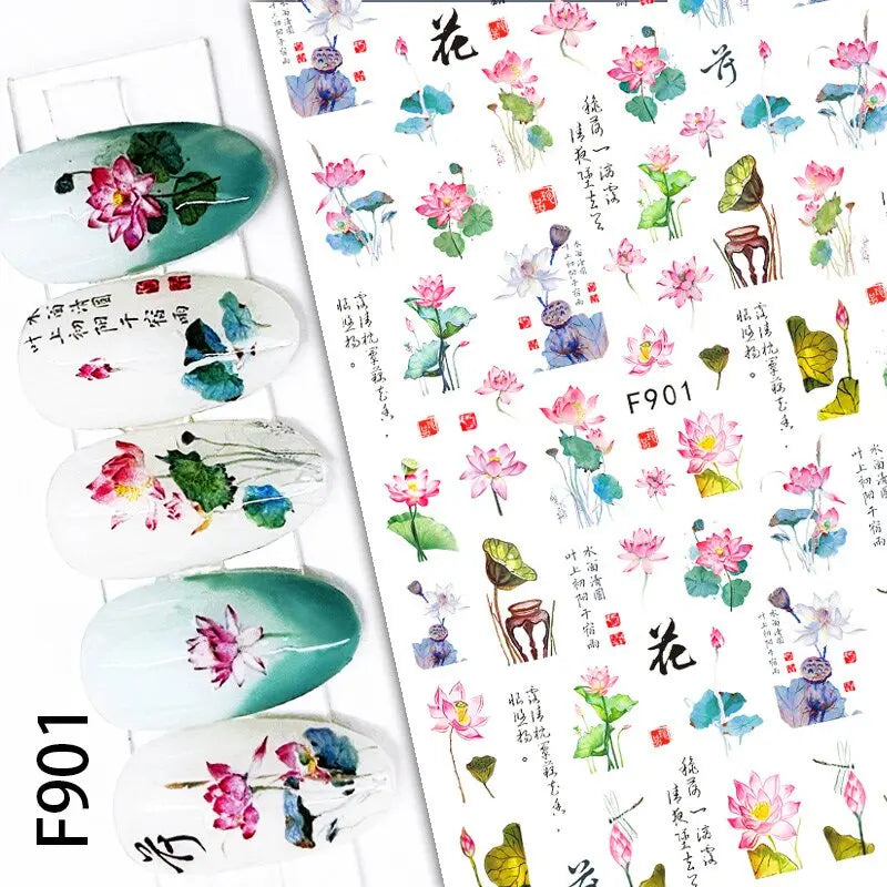 3D Nail Sticker – Tropische Blätter & Linien Design Schwarz & Weiß
