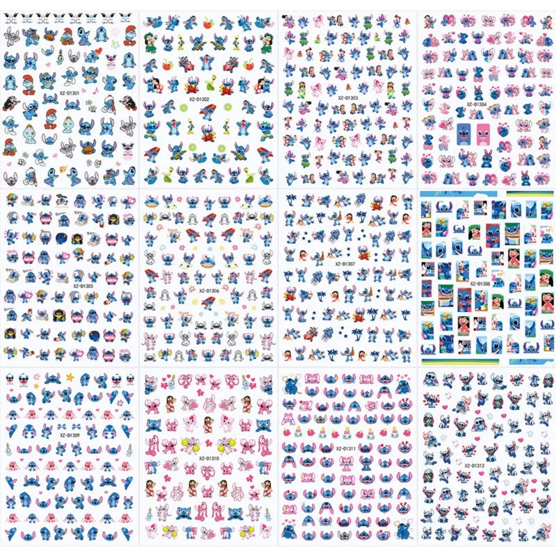 Nagelsticker „Stitch & Angel“ – 12 Bögen Cartoon-Kollektion für Kinder & Nail Art