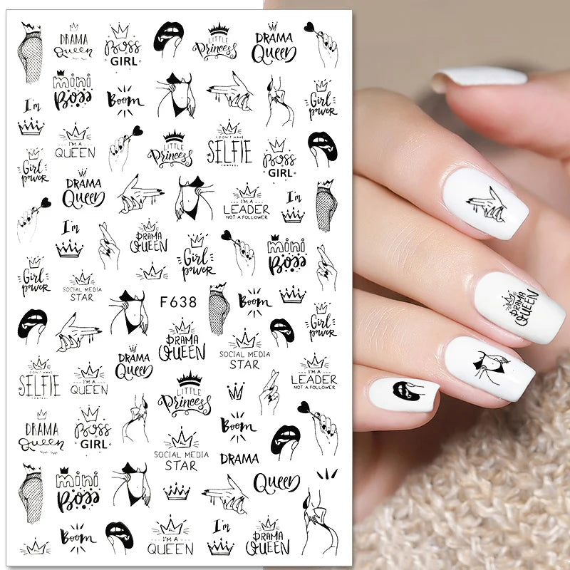 Love & Heart Valentine's Day Nail Stickers – Schwarz Weiß 3D Aufkleber