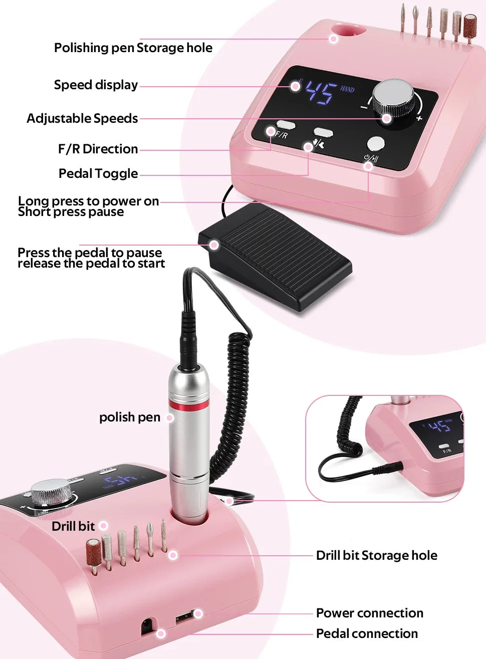 Profi Nagelfräse 45000 U/min – 30 W, LCD-Display & Aufsätze für Maniküre