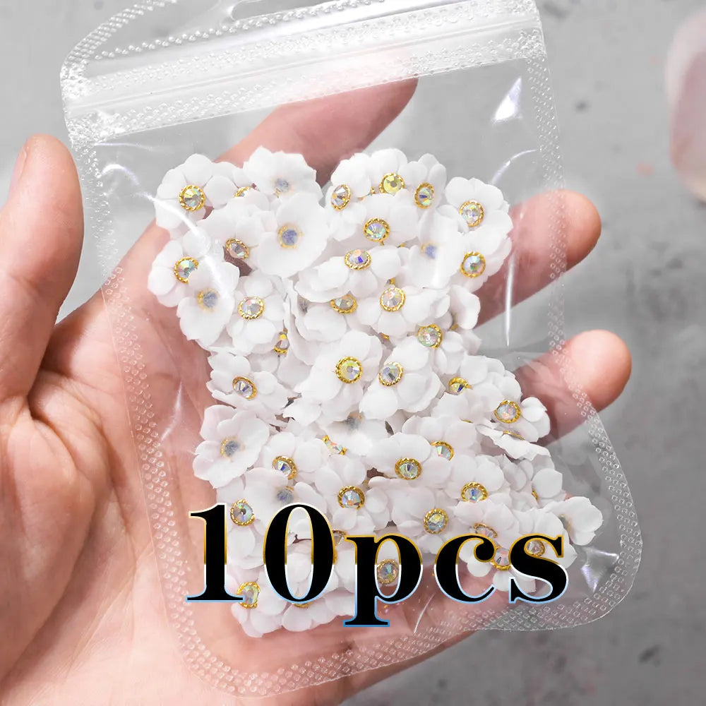 3D Acryl-Blumen Weiß – Nail Art Deko Set (10/12 Stück) mit Strass