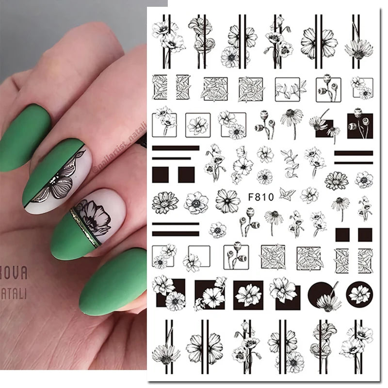3D Nail Sticker – Tropische Blätter & Linien Design Schwarz & Weiß