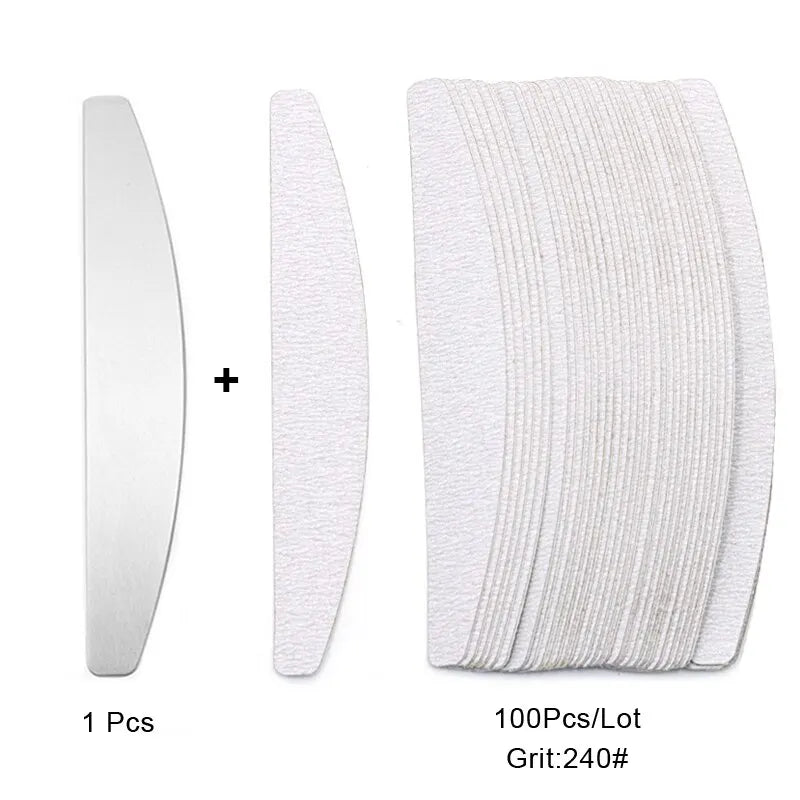 100er Set Ersatzfeilen Halbmond – 80/100/180/240 Grit mit Metallgriff | Nagelfeilen Aufsätze für Maniküre