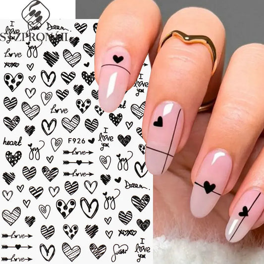 Love & Heart Valentine's Day Nail Stickers – Schwarz Weiß 3D Aufkleber