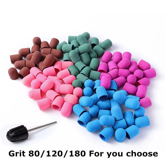 Schleifkappen 5/10/20 Stück – Verschiedene Farben & Grits (80/120/180) + Gummikopf für Nagelfräser