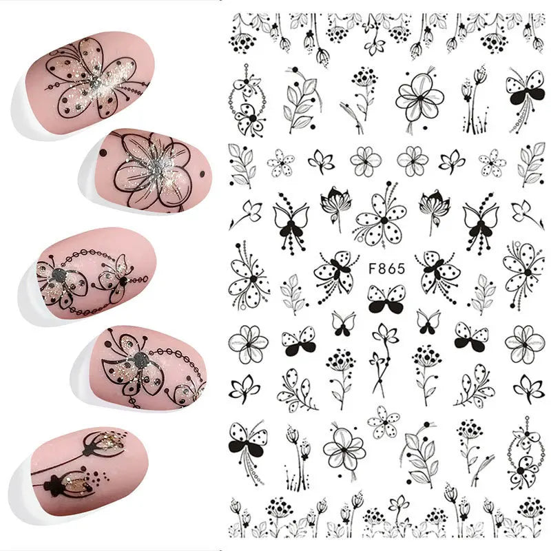 3D Nail Sticker – Tropische Blätter & Linien Design Schwarz & Weiß