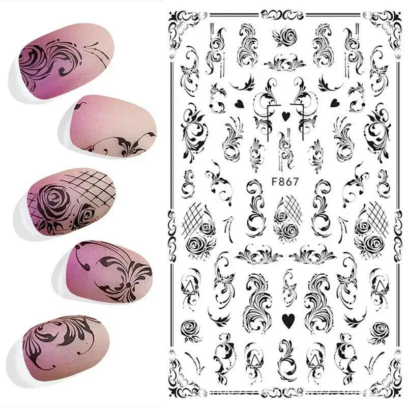 3D Nail Sticker – Tropische Blätter & Linien Design Schwarz & Weiß
