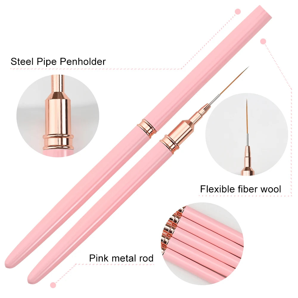 5er-Set Nail Art Liner Pinsel – Rosa, ultrafein für French & Linien (7/10/12/15/20mm)