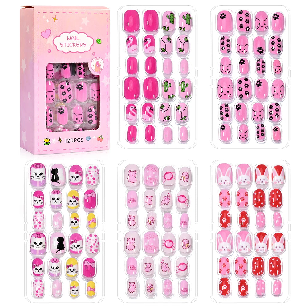 Kinder Press-On Nägel – 120 Stück Pink | Einhorn, Katze, Hase & Cartoon-Design