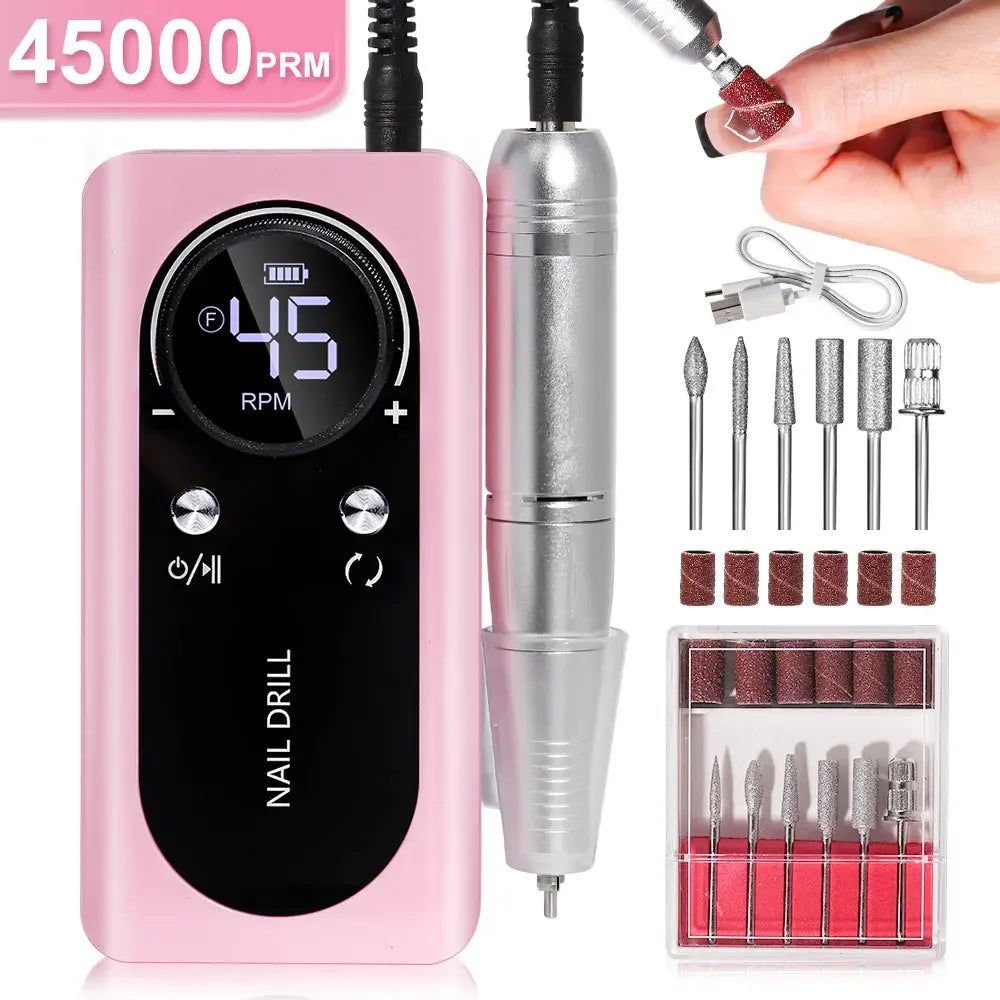 NEW Professional 45000RPM Electric Portable Nail Drill Machine Rechargeable Low Noise Nail Sander File for Manicure Salon Tool