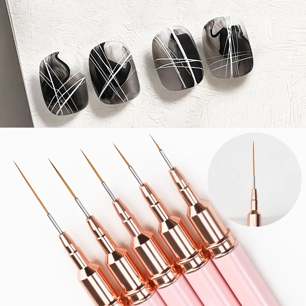 5er-Set Nail Art Liner Pinsel – Rosa, ultrafein für French & Linien (7/10/12/15/20mm)