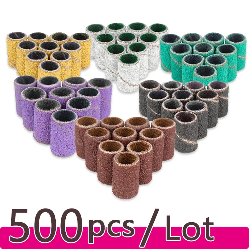 500 Stück Schleifhülsen Set – 80/120/180/240 Grit für Maniküre, Nagelfräser & Gelentfernung