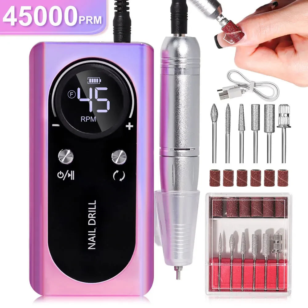 NEW Professional 45000RPM Electric Portable Nail Drill Machine Rechargeable Low Noise Nail Sander File for Manicure Salon Tool
