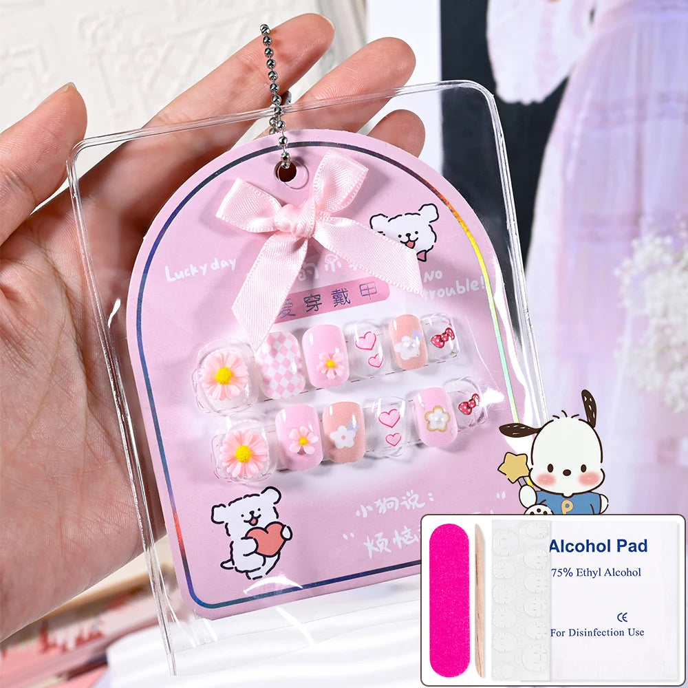 Sanrio Kinder Press-On Nägel – 12 Stück, Hello Kitty, Kuromi, Cartoon Design