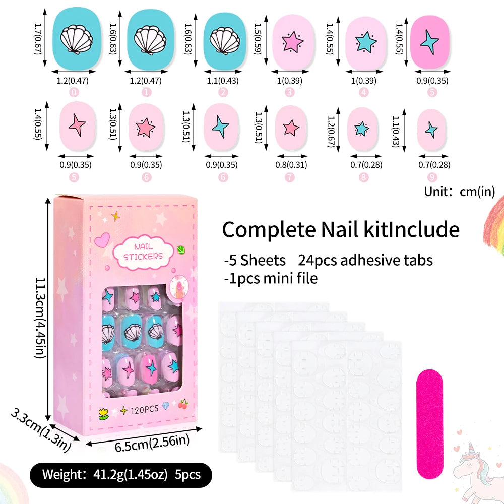 Kinder Press-On Nägel – Kawaii Cartoon | 120 Stück, Selbstklebend