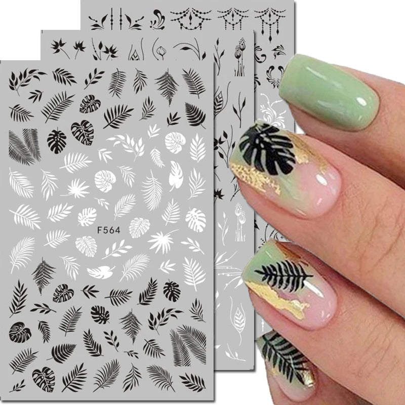 3D Nail Sticker – Tropische Blätter & Linien Design Schwarz & Weiß