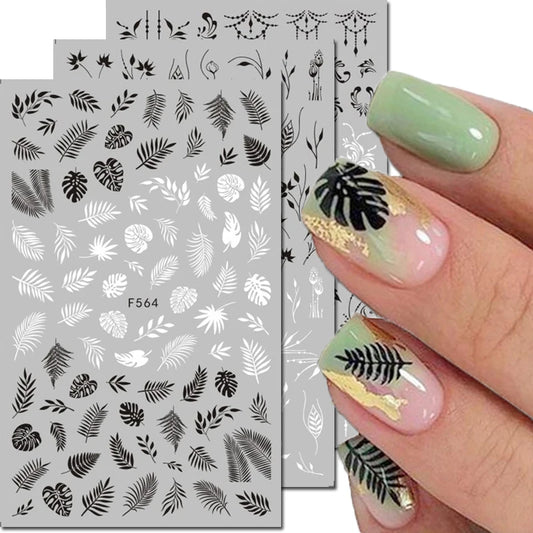 3D Nail Sticker – Tropische Blätter & Linien Design Schwarz & Weiß