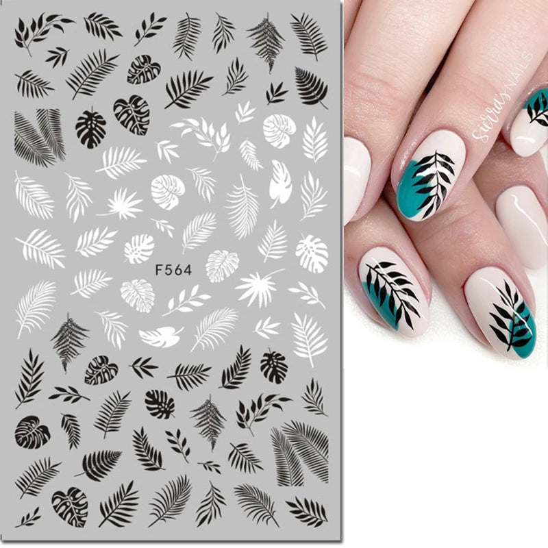 3D Nail Sticker – Tropische Blätter & Linien Design Schwarz & Weiß