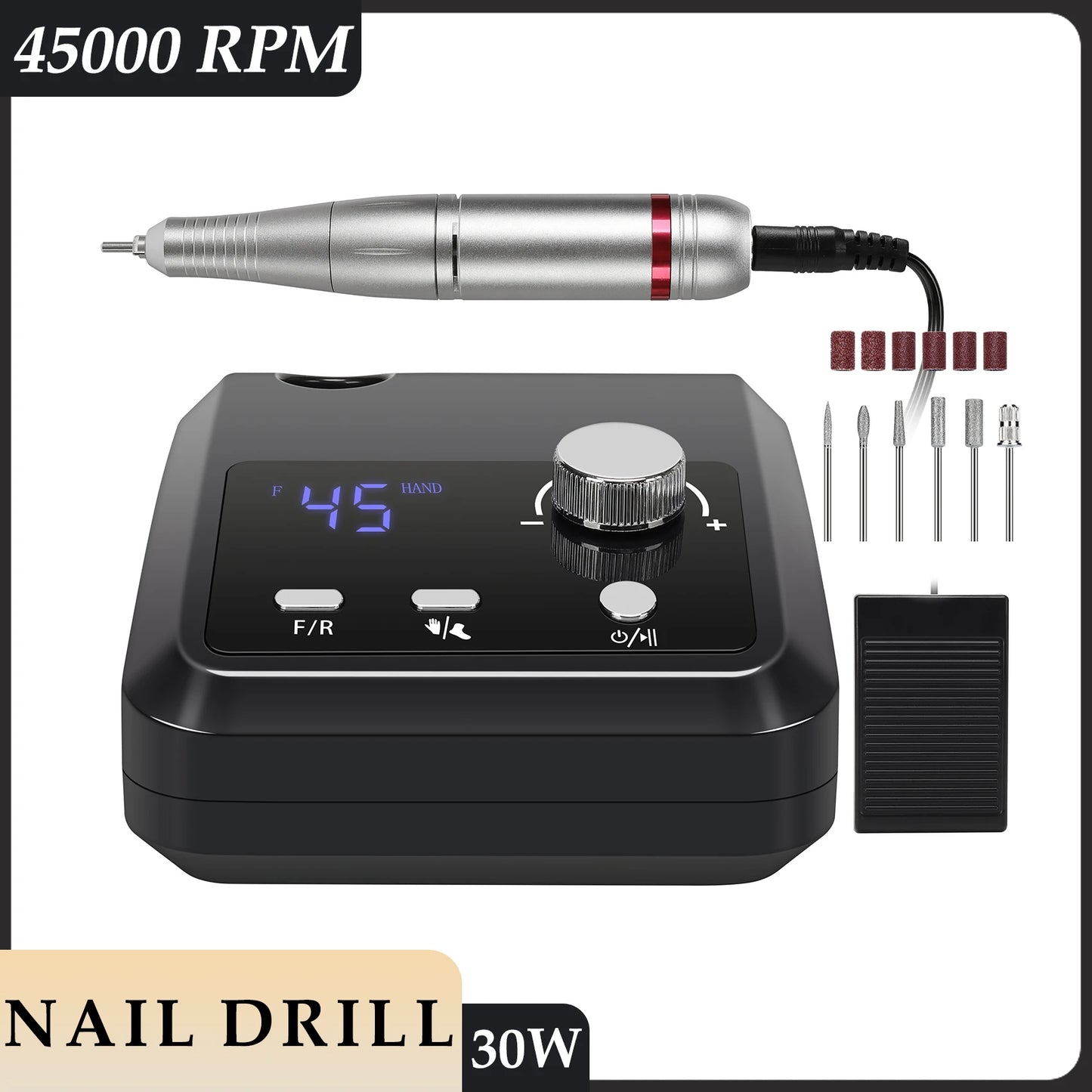 Profi Nagelfräse 45000 U/min – 30 W, LCD-Display & Aufsätze für Maniküre