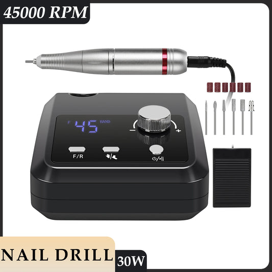Profi Nagelfräse 45000 U/min – 30 W, LCD-Display & Aufsätze für Maniküre