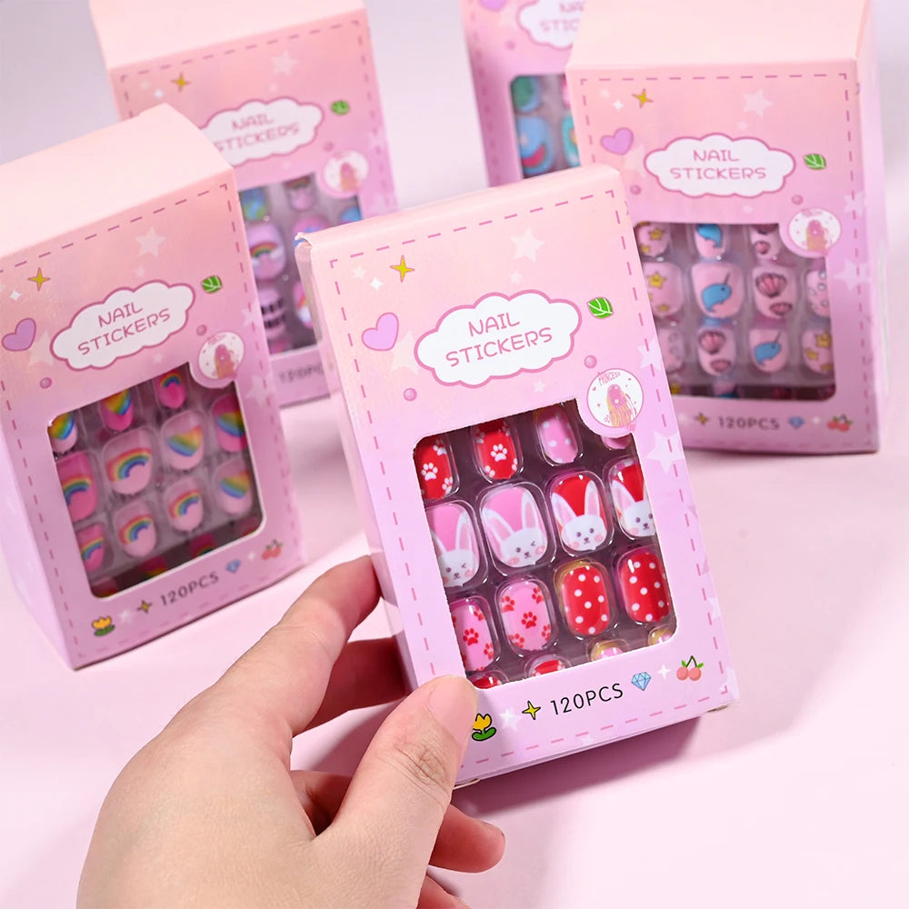 Kinder Press-On Nägel – 120 Stück Pink | Einhorn, Katze, Hase & Cartoon-Design