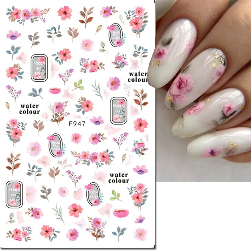 3D Nagelsticker Weißer Pflaumenblüten mit Goldperlen & Schmetterlingen
