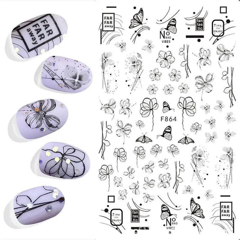 3D Nail Sticker – Tropische Blätter & Linien Design Schwarz & Weiß